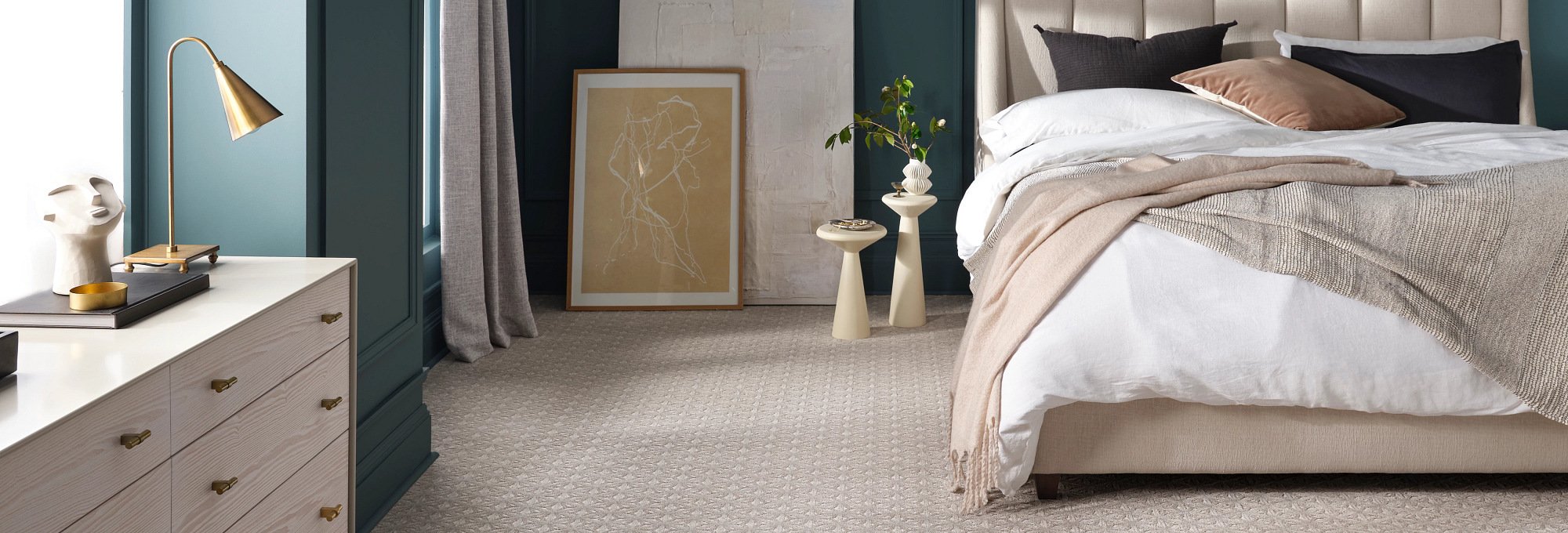 Bedroom with beige patterned carpet from The Carpet Yard in McLean, VA